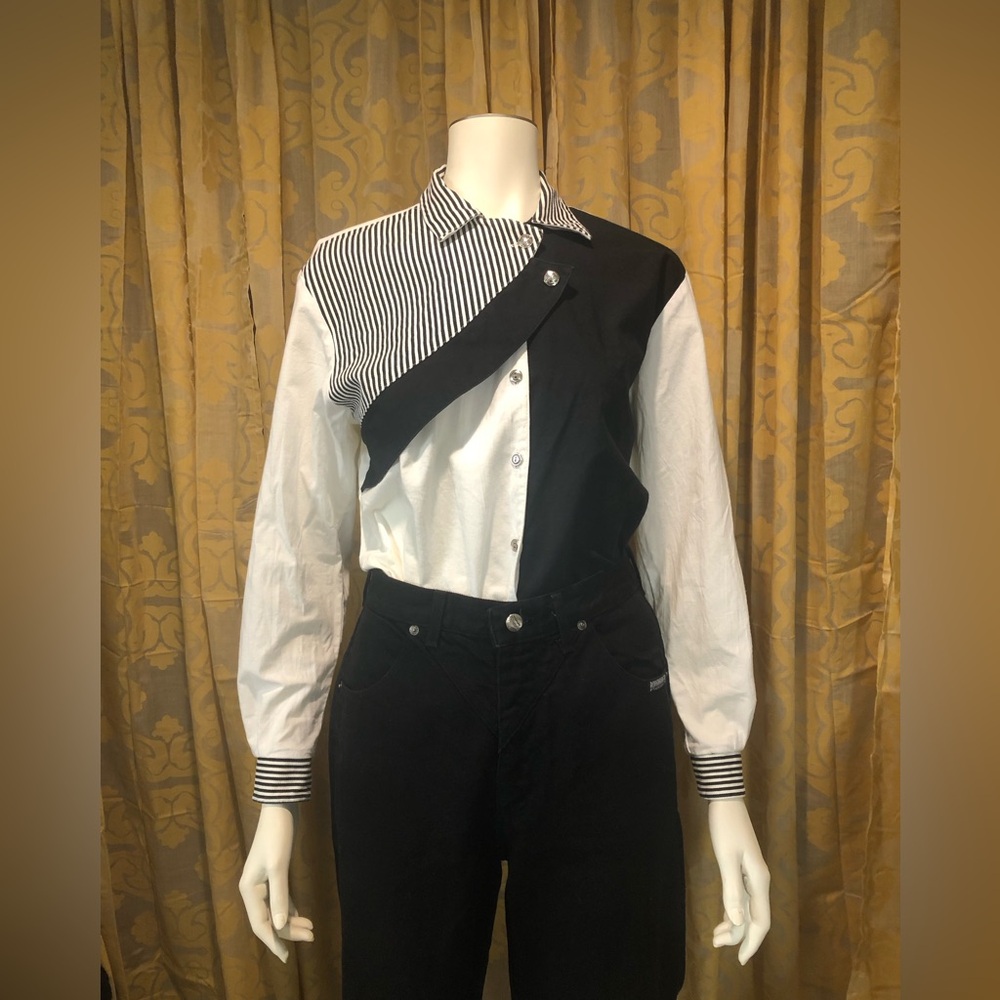 Vintage Roughrider Circle T Black and White Asymmetrical Button-Down Rodeo Shirt